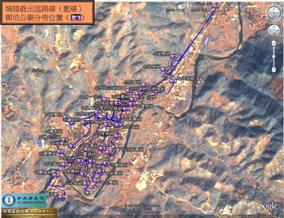 福建省平和縣九峰鎮城隍爺出巡路線與伯公廟分佈圖，2008年7月調查 。